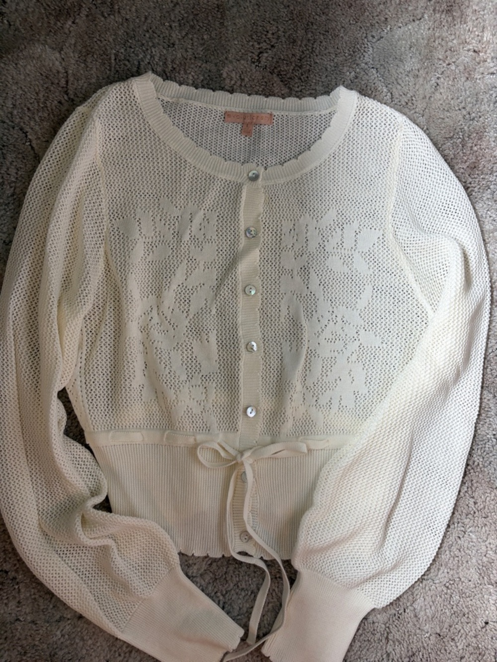 Light Cream Knit Button-Front Cardigan with Tie Waist